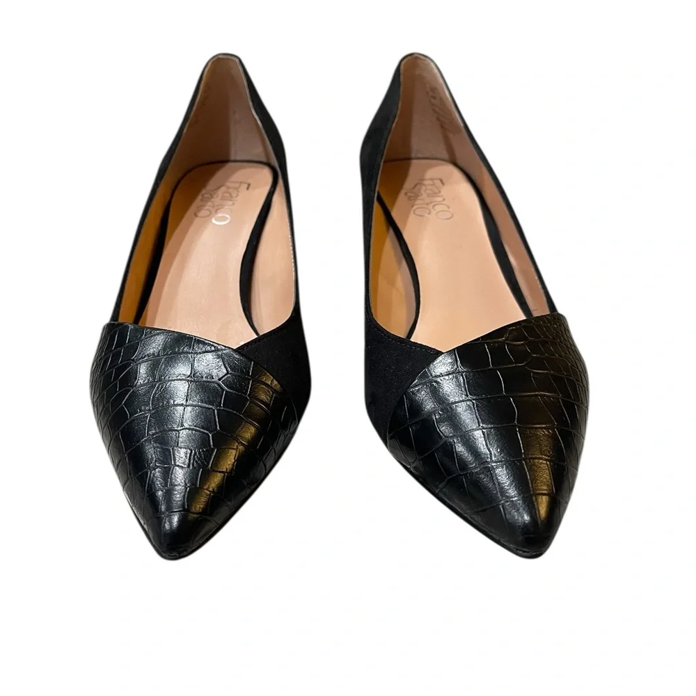 Franco Sarto Black Suede & Faux-Croc Leather Pointed Toe Kitten Heels - Picture 2 of 5